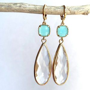 Aqua & Crystal Clear Glass Long drop Earrings